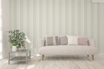 Stylish room in white color with sofa. Scandinavian interior design. 3D illustration