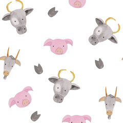 Seamless pattern with farm animals - pig, cows and goats .. watercolor illustrations for prints, design, textiles.
