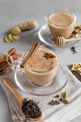 Hot black tea with milk and spices. Traditional Indian drink. Masala tea. Copy space, side View.