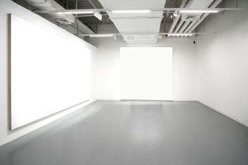 Museum of modern art.Empty Gallery interior space, white walls and grey floors