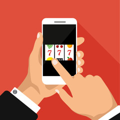 Flat design of slot machine with lucky sevens jackpot on a screen. Hand holds smartphone with jackpot. Vector illustration. Isolated