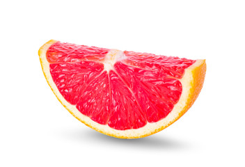 Ripe slice of pink grapefruit citrus fruit isolated on white background. full depth of field