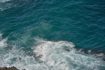Fototapeta na wymiar Atlantic sea with rocks and waves and ocean floor, copy-space