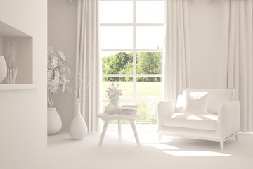 Mock up of stylish room in white color with armchair and green landscape in window. Scandinavian interior design. 3D illustration