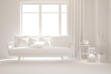 Mock up of stylish room in white color with sofa. Scandinavian interior design. 3D illustration