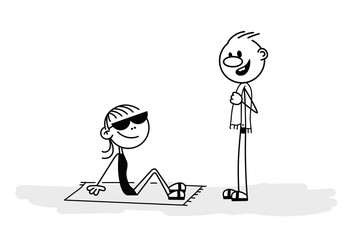 Doodle stick figure: Girl and boy on the beach. Vector.