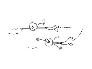 Doodle stick figure: two boy in the swimming pool. Vector.