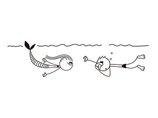 Doodle stick figure: boy swim and dive underwater. Boy and marmaid. Vector.