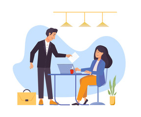 Office workplace. Woman with laptop sitting at the table. Man with document and briefcase