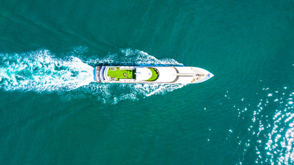 Aerial view of beautiful large white Cruise ship, Top view from drone of yacht,  Luxury cruise.