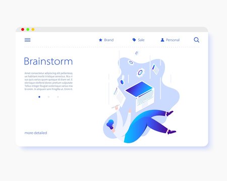 Man in flight. Vector illustration, businessman at work, the embodiment of new ideas, brainstorming. Work at the computer. Business concept achieving goals and dreams. Laptop and document analysis.