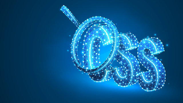 Magnifying glass on Cascading Style Sheets coding language sign. Theme development analysis, css concept. Abstract, digital, wireframe, low poly mesh, vector blue neon 3d illustration. Line, dot
