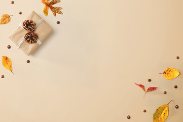 Gift box with autumn theme - overhead view flat lay