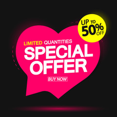 Special Offer, up to 50% off, sale speech bubble banner, discount tag design template, vector illustration