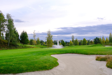 Fototapeta na wymiar Landscape. Golf course with trees, shrubs, lake, bridge and fountain.