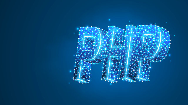 Hypertext Preprocessor coding language sign, text silhouette. Device, programming, developing concept. Abstract, digital, wireframe, low poly mesh, Raster blue neon 3d illustration. Line, dot