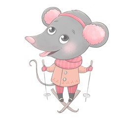 A cute little mouse with furry headphones on his head is skiing