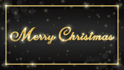 Fototapeta na wymiar Merry Christmas Gold banner with glowing sparkles on Dark Background with rectangular golden frame. Vector illustration