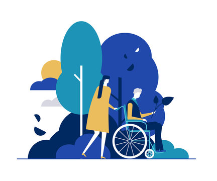 Young woman with disabled man in park flat vector illustration
