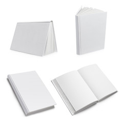 High-resolution set of blank white hard cover books, isolated on white background