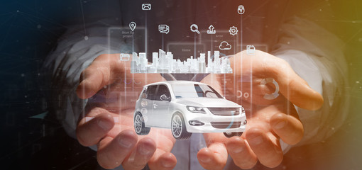 Businessman holding Dashboard smartcar interface with multimedia icon and city map on a background 3d rendering