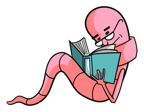 Cartoon style illustration of a worm reading a book - a bookworm