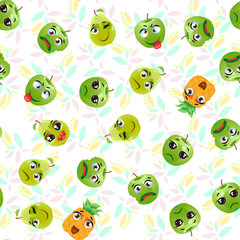 Cute seamless pattern with cartoon emoji fruits