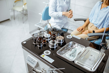Medical tools on the ENT workstation in the procedure room