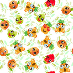 Fototapeta na wymiar Cute seamless pattern with cartoon emoji fruits