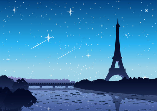 Eiffel tower at night time with landscape view,vector illustration