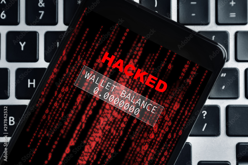 Poster smartphone with hacked digital wallet notification on screen