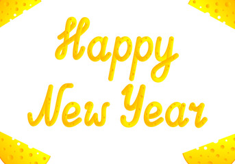 Cute hand drawn text Happy New Year isolated on white background, Funny yellow and orange 3D letters made of cheese; Cartoon lettering for greeting card, banner, poster or flyer; Vector illustration