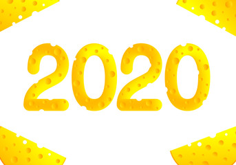 Cute hand drawn text 2020 isolated on white background, Funny yellow and orange 3D number and piece of cheese; Cartoon lettering for greeting card, banner, poster, calendar, flyer; Vector illustration