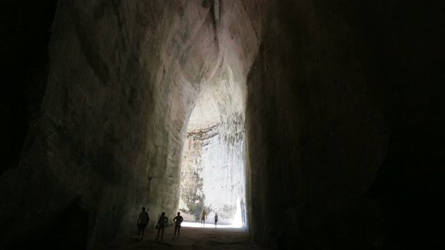 Interior of the excavated cave, called Orecchio di Dioniso, near the Greek theater of Syracuse, in Sicily Italy.