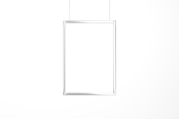 Vertical Poster Mockup metal hanging rope isolated white background. 3D rendering