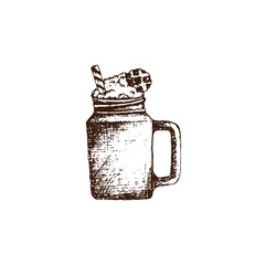 Hand drawn coffee in a glass jar-mug by vector illustration. Trendy Coffee with cream and a round waffle. Pencil drawn in vintage engraving style. Separately on a white background.