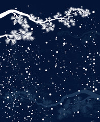 winter snowfall forest with pine tree branches - christmas time dark blue vector background with white silhouette design