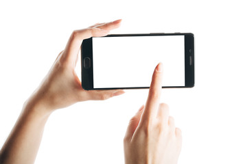 hand touching smartphone screen isolated on white