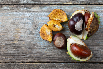 Still life of chestnuts on rustic wood table.