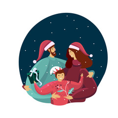 Fototapeta premium Smiling Characters Celebrating New Year and Xmas evening. Happy family hug each other together