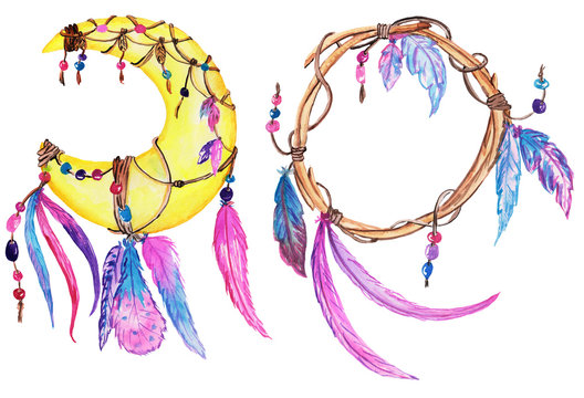 A set of two different dream catchers - the moon is a dream catcher and a branch catcher. unusual accessory in boho style. watercolor illustration for prints, cards, posters, design.