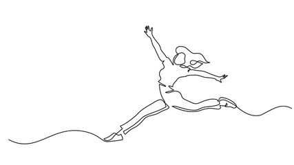 Happy jumping woman. Continuous one line drawing