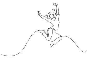 Happy jumping woman. Continuous one line drawing © Valenty