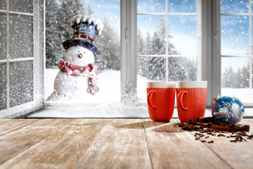 Desk of free space and winter window 