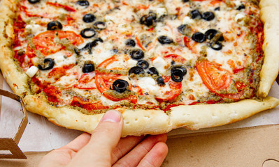 vegetarian pizza with olives, tomatoes and cheese.