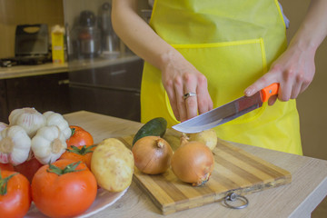 Woman's hands cutting pepper, behind fresh vegetables. Woman cook at the kitchen. Chef cuts the vegetables into a meal. Preparing dishes