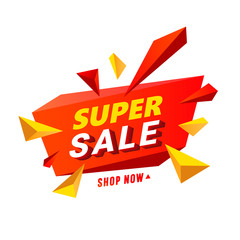 Super sale banner with multi colored polygonal triangular elements on the red platform for special offers, sales and discounts. Promotion and shopping template. Limited time offer
