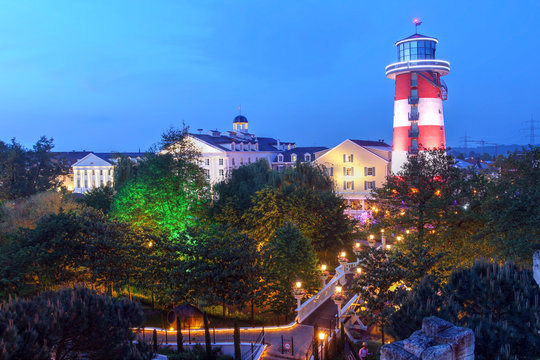 Night scene with Hotel Bell Rock in Europa Park, Rust, Germany on May 15, 2015