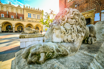 Fototapeta Fragment of Krakow street with old lions sculpture near the tower obraz