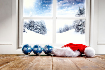 Fototapeta premium Desk of free space and winter window 